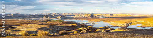 A panorama of Lake Power in Arizona with the water levels a critically low depths showing the results of the current drought.
