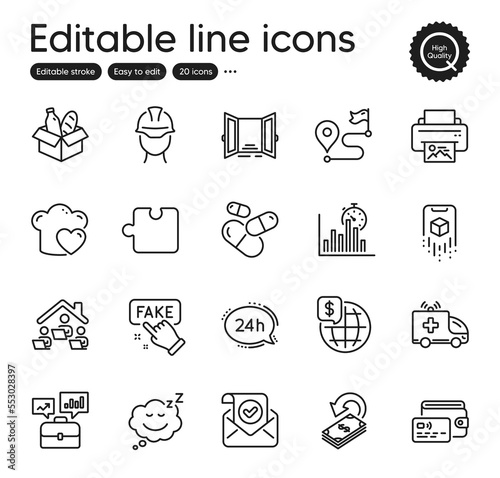 Set of Business outline icons. Contains icons as Open door, Ambulance car and Fake information elements. Food donation, Love cooking, Print image web signs. Wallet, Cashback. Vector