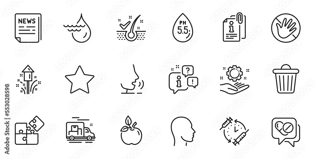 Outline set of Fake news, Attached info and Vaccination schedule line icons for web application. Talk, information, delivery truck outline icon. Vector Outline set of Fake news, Attached info and Vaccination schedule line icons for web application. Talk, information, delivery truck outline icon. Vector