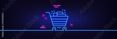 Neon light glow effect. Shopping cart line icon. Sale Marketing symbol. Special offer sign. 3d line neon glow icon. Brick wall banner. Shopping cart outline. Vector