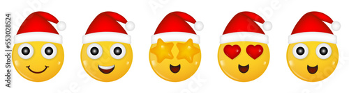 Set of yellow icons of a smiling face. Christmas hat. Happy New Year. Emoji 3d