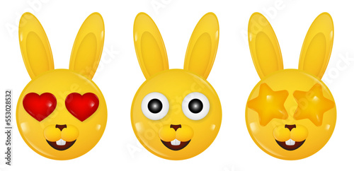 Yellow rabbits. Set of glossy 3d icons. Hearts and stars. Yellow bunny sticker. Emoji
