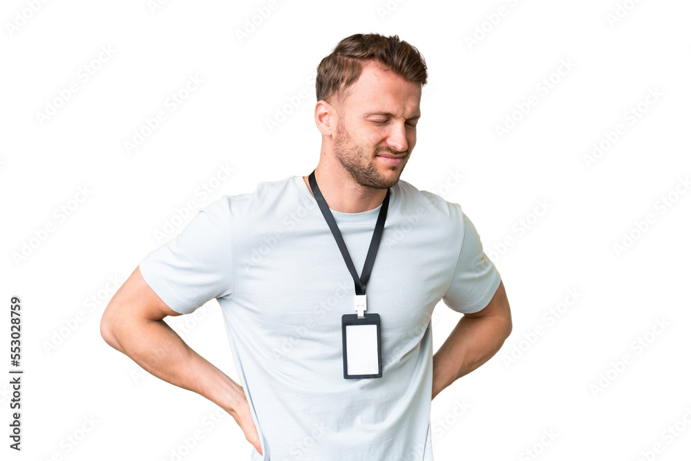 Young caucasian man with ID card over isolated chroma key background suffering from backache for having made an effort Young caucasian man with ID card over isolated chroma key background suffering from backache for having made an effort