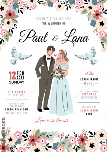 Cute bride and groom. Invitation wedding ceremony poster design, couple in love, newlyweds romantic party, official event, card template, tidy vector cartoon flat style isolated concept