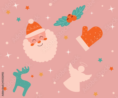 Seamless cute pink christmas pattern. Nahtloses nettes rosa Weihnachtsmuster. Merry Christmas. Frohe Weihnachten. Happy New Year. Silvester. Weihnachtsmann, Fäustlinge, Engel, Hirsche, Sterne. Santa