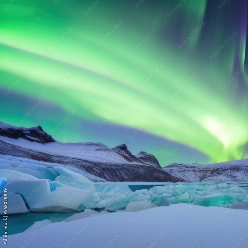 northern lights above snowy icy iceland landscape