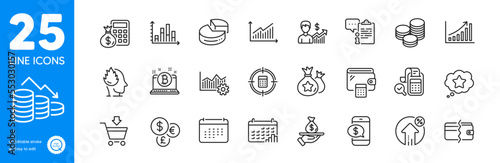 Outline icons set. Clipboard, Calculator target and Money loss icons. Loan percent, Graph chart, Wallet web elements. Stress, Finance calculator, Bill accounting signs. Phone payment. Vector