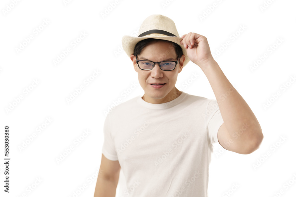 Portrait of young Asian traveler man wearing hat standing over the white background he is looking at camera and smiling. Portrait of young Asian traveler man wearing hat standing over the white background he is looking at camera and smiling.