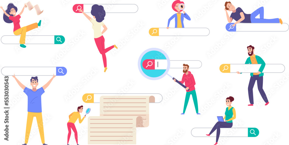 Search bars people. Characters with user interface elements for browser pages exact vector website concept illustrations