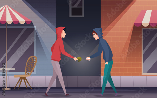 Drug sellers. Medical marijuana and pills legalize bad addiction exact vector cartoon background