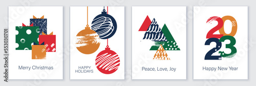 Set of creative colorful cards, flyers, posters for 2023 New Year. Numbers design. Christmas greetings. Modern minimal flat style.
