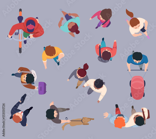 Walking people. Characters top view in different casual style clothes running and walking exact vector cartoon illustrations set