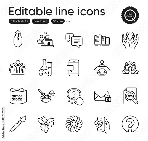 Set of Business outline icons. Contains icons as Teamwork, Cooking whisk and Winner elements. Court judge, Swipe up, Fan engine web signs. Info, Question mark, Business meeting elements. Vector