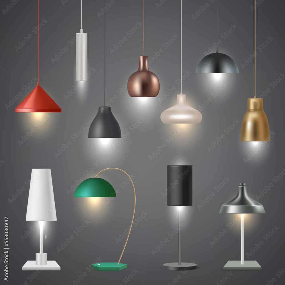 Interior lamps. Modern item for area illumination in home rooms light for floor and roof decent vector realistic pictures set Interior lamps. Modern item for area illumination in home rooms light for floor and roof decent vector realistic pictures set