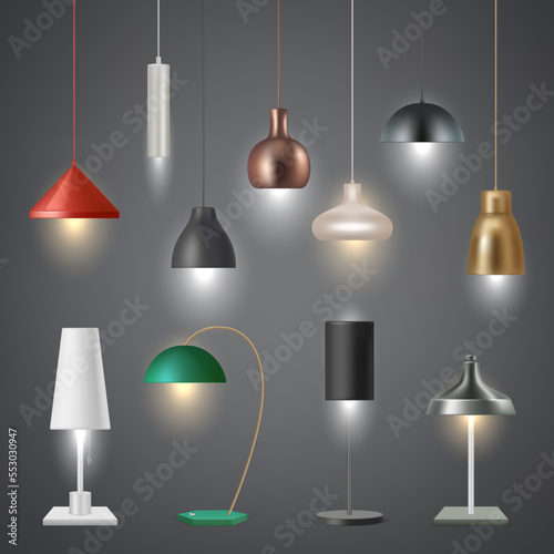 Interior lamps. Modern item for area illumination in home rooms light for floor and roof decent vector realistic pictures set