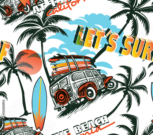 surfboard with palm tree pattern, beach, watercolor, summer, tropic, island, palm, vector, tree, hawaii, landscape, wave, hand, print, mountain, art, illustration, caribbean, drawn, seamless, o