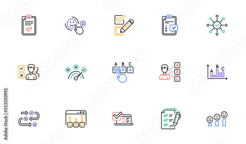 Survey or Report line icons. Opinion, Customer satisfaction and Feedback results. Testing linear icon set. Bicolor outline web elements. Vector