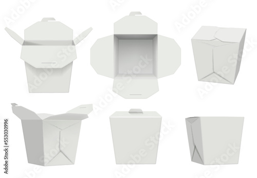 Wok box. Crafted cardboard containers for delivery asian food decent vector realistic templates