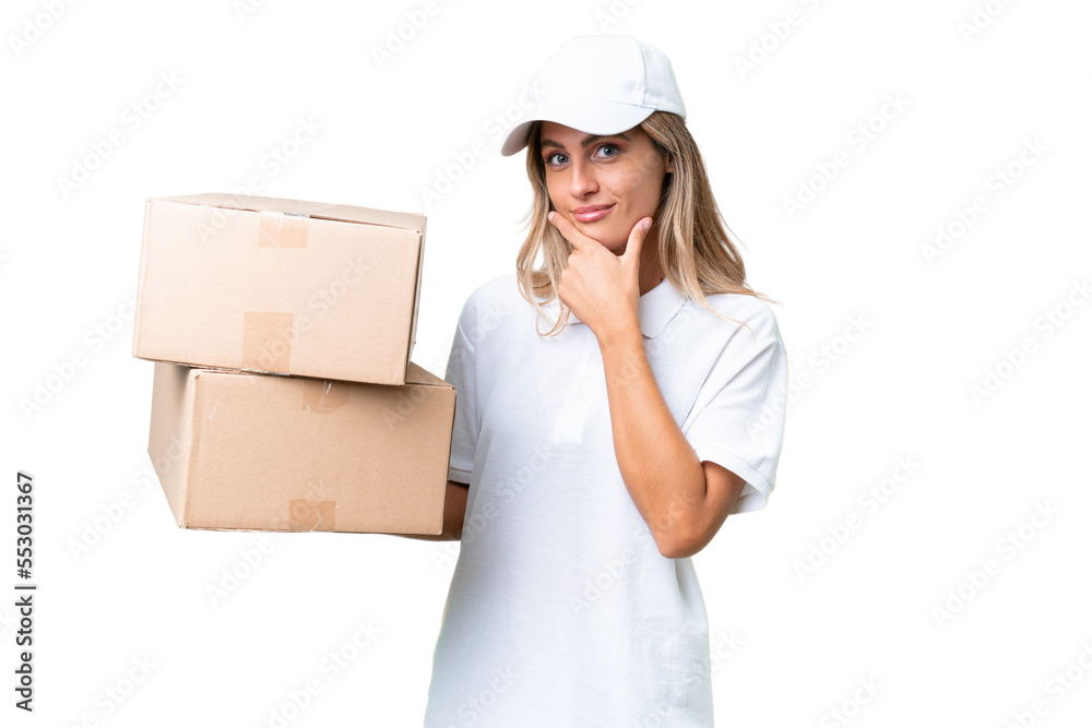 Delivery Uruguayan woman over isolated background thinking Delivery Uruguayan woman over isolated background thinking