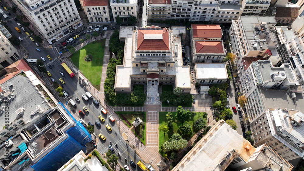 Aerial drone photo of old Parliament building used now for National Historical museum of Athens in Stadiou and Kolokotroni streets, Attica, Greece