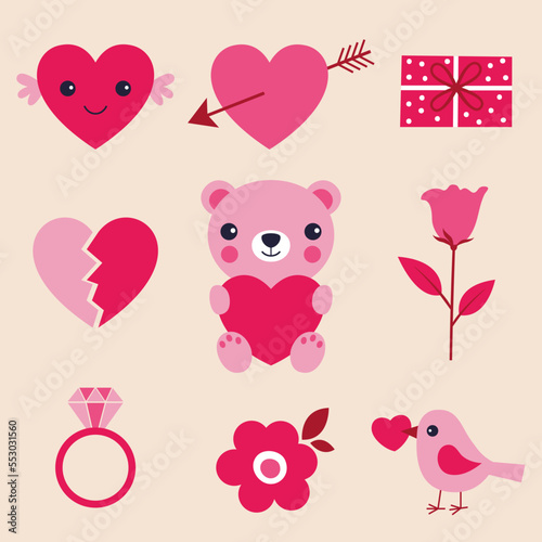 Valentines Day symbols and decorative elements set