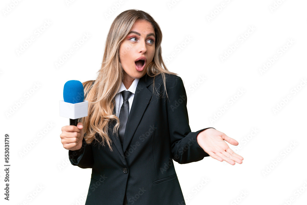 Young pretty Uruguayan tv presenter over isolated background with surprise expression while looking side Young pretty Uruguayan tv presenter over isolated background with surprise expression while looking side