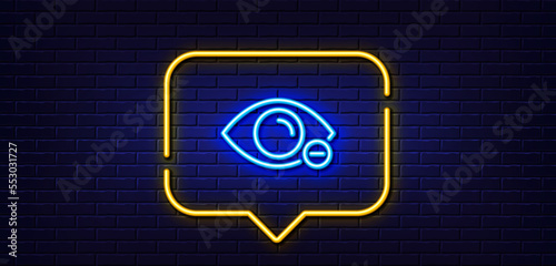 Neon light speech bubble. Myopia line icon. Eye diopter sign. Optometry vision symbol. Neon light background. Myopia glow line. Brick wall banner. Vector