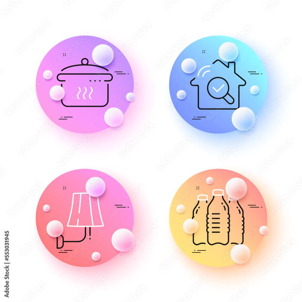 Wall lamp, Water bottles and Inspect minimal line icons. 3d spheres or balls buttons. Boiling pan icons. For web, application, printing. Electric sconce, Aqua drinks, Search building. Vector Wall lamp, Water bottles and Inspect minimal line icons. 3d spheres or balls buttons. Boiling pan icons. For web, application, printing. Electric sconce, Aqua drinks, Search building. Vector