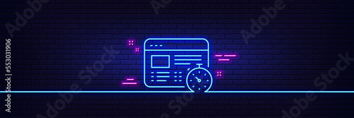 Neon light glow effect. Web timer line icon. Online quiz test sign. 3d line neon glow icon. Brick wall banner. Web timer outline. Vector