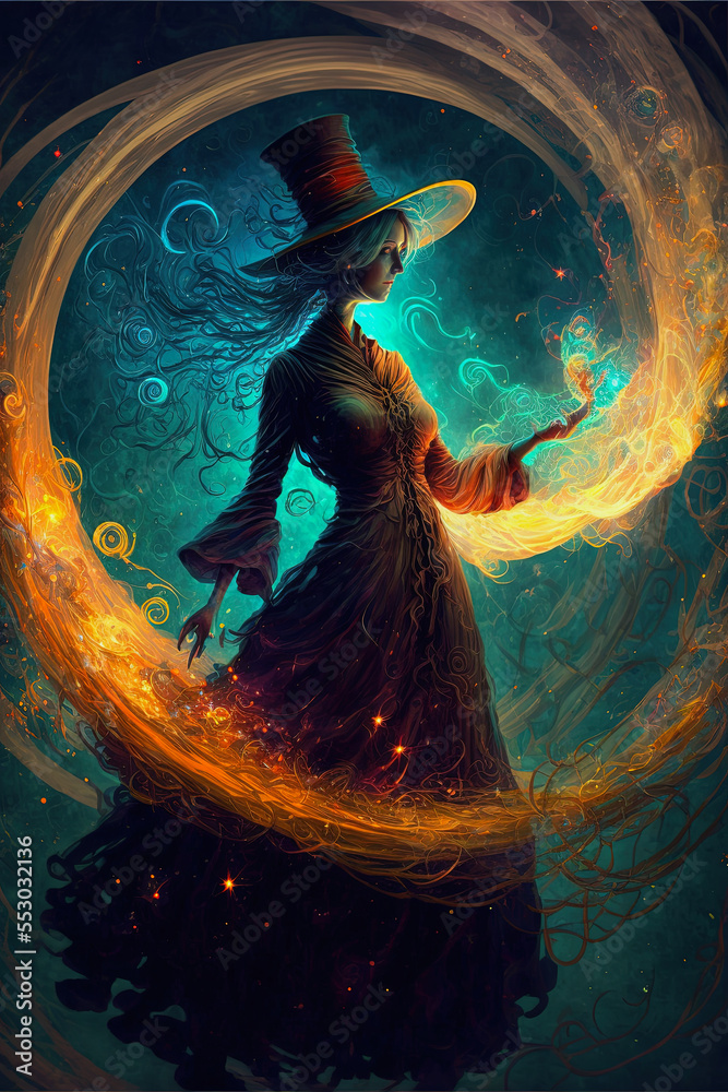 ai generative illustration of a non existing magic whimsical woman with swirling fire