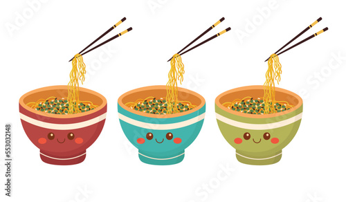 Doodle flat clipart. A bowl of noodles with Chinese chopsticks. All objects are repainted.