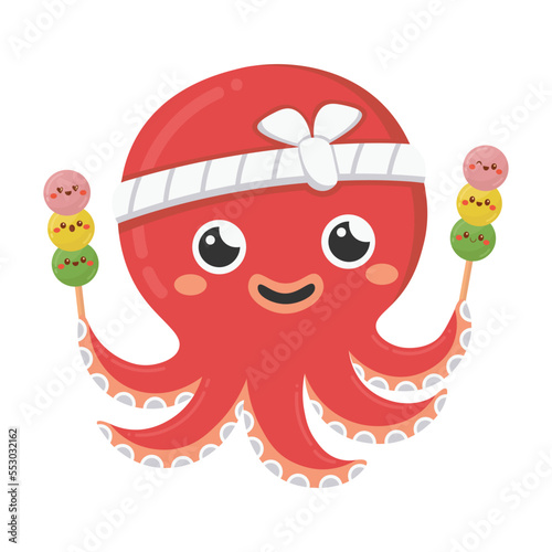 Doodle flat clipart. Asian octopus chef with dango. All objects are repainted.