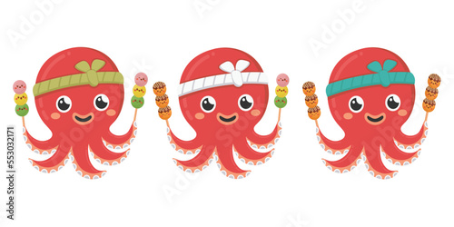 Doodle flat clipart. Asian octopus chef with takoyaki and dango. All objects are repainted.