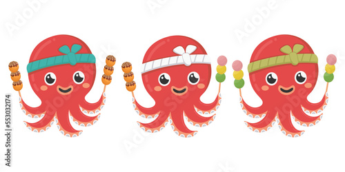 Doodle flat clipart. Asian octopus chef with takoyaki and dango. All objects are repainted.