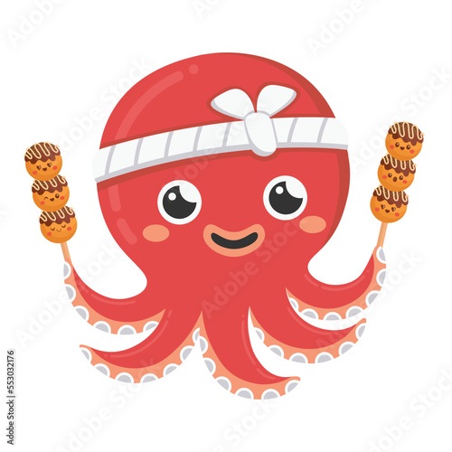 Doodle flat clipart. Asian octopus cook with takoyaki. All objects are repainted.