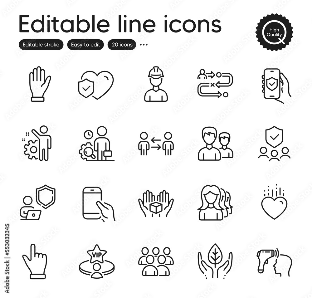 Set of People outline icons. Contains icons as Electronic thermometer, Women headhunting and Vip table elements. Life insurance, Fair trade, Security agency web signs. Heart. Vector Set of People outline icons. Contains icons as Electronic thermometer, Women headhunting and Vip table elements. Life insurance, Fair trade, Security agency web signs. Heart. Vector