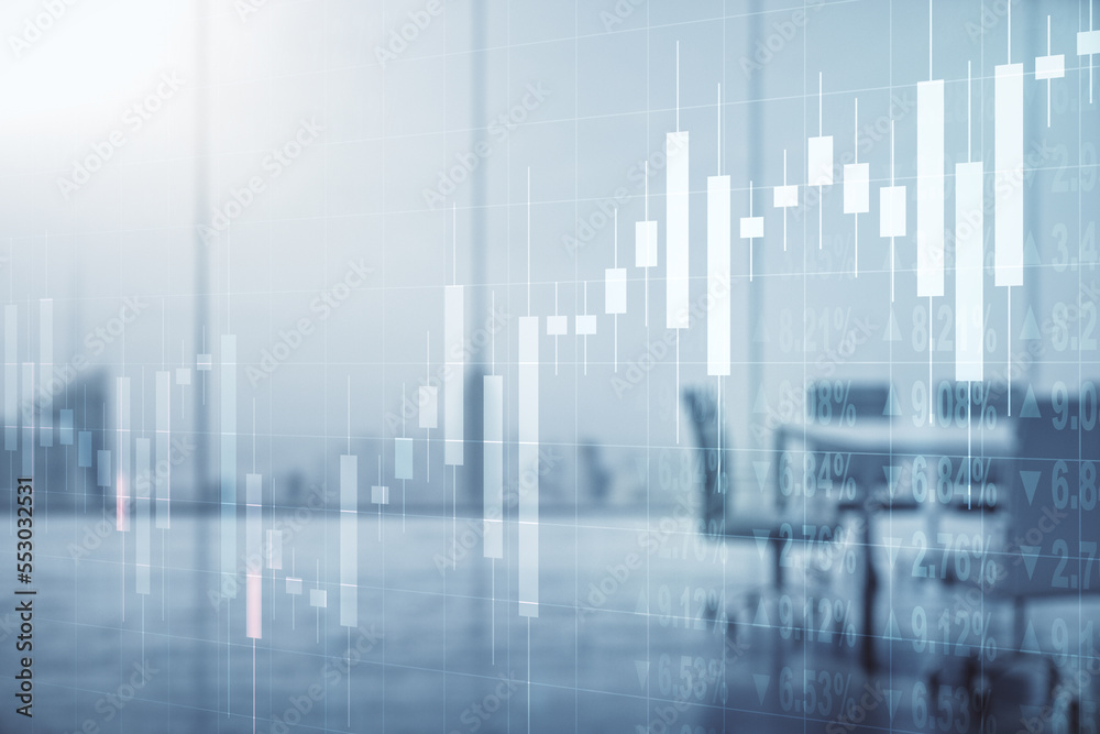 Multi exposure of virtual abstract financial graph interface on a modern coworking room background, financial and trading concept Multi exposure of virtual abstract financial graph interface on a modern coworking room background, financial and trading concept