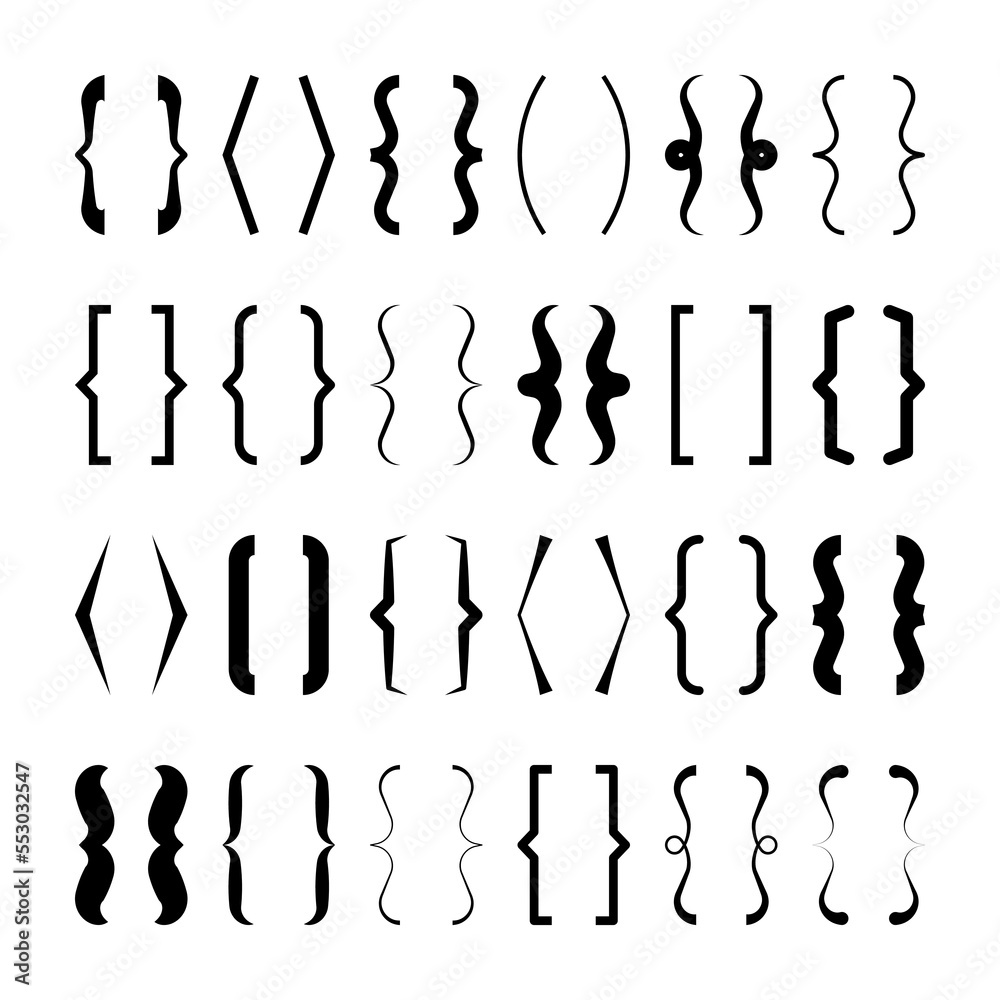 Text brackets collection, black quotation box. Curly, square and corner parentheses. Vintage typographical symbol, calligraphic quote frame. Doodle, lettering element. Vector illustration. Text brackets collection, black quotation box. Curly, square and corner parentheses. Vintage typographical symbol, calligraphic quote frame. Doodle, lettering element. Vector illustration.