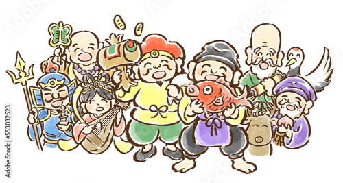 縁起物を持って集合した七福神の手描きイラスト photo