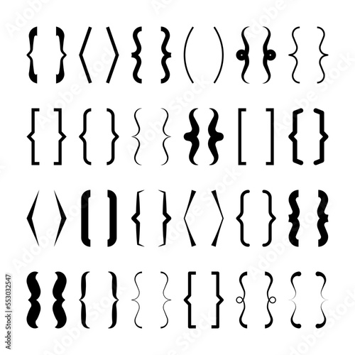 Text brackets collection, black quotation box. Curly, square and corner parentheses. Vintage typographical symbol, calligraphic quote frame. Doodle, lettering element. Vector illustration.