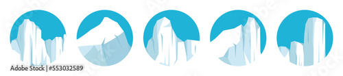 Floating icebergs collection. Drifting arctic glacier, block of frozen ocean water. Icy mountains with snow. Melting ice peak. Antarctic snowy landscape. South and North Pole. Vector illustration.