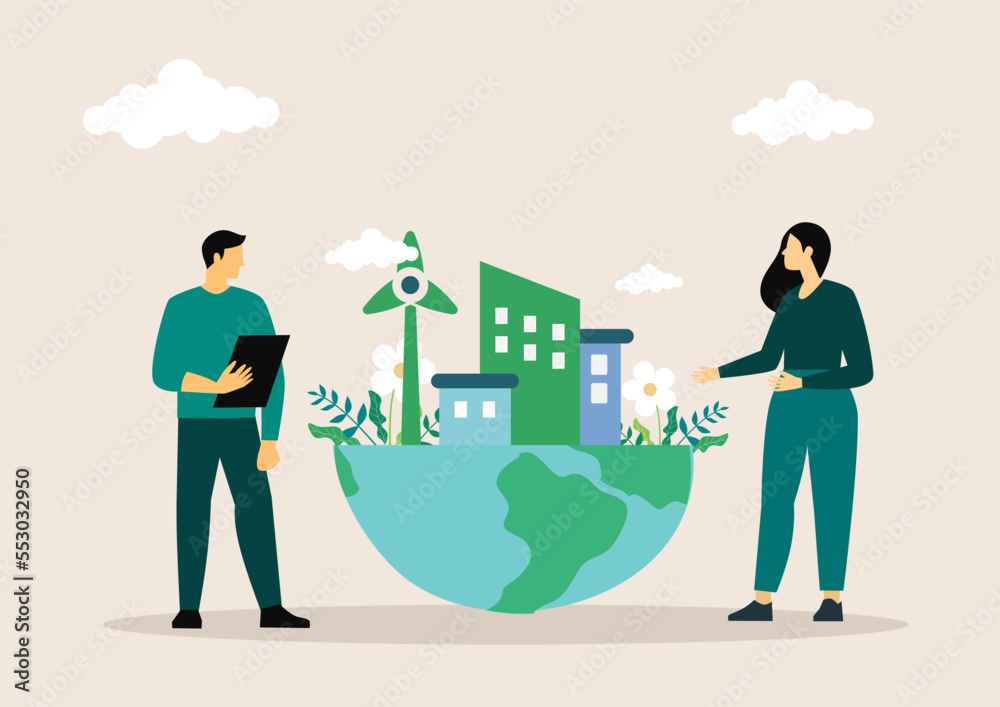 Sustainable economic growth strategy, recourses reuse reduce co2 emission climate impact. ESG, green energy industry. Vector illustration. Environmental protection. Sustainable economic growth strategy, recourses reuse reduce co2 emission climate impact. ESG, green energy industry. Vector illustration. Environmental protection.