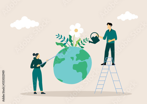 Sustainable economic growth strategy, recourses reuse reduce co2 emission climate impact. ESG, green energy industry. Vector illustration. Environmental protection.