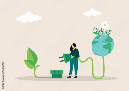 Sustainable economic growth strategy, recourses reuse reduce co2 emission climate impact. ESG, green energy industry. Vector illustration. Environmental protection.