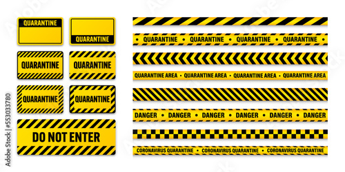 Various quarantine zone warning tapes and shields. Novel coronavirus outbreak. Global lockdown. Coronavirus danger stripe. Police caution line, restricted area. Construction tape. Vector illustration