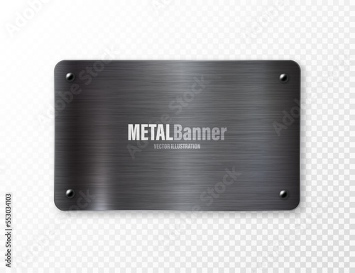 Realistic black metal banners collection. Brushed steel or aluminium plate, panel with screws. Polished metal surface. Old grunge texture with scratches. Vector illustration