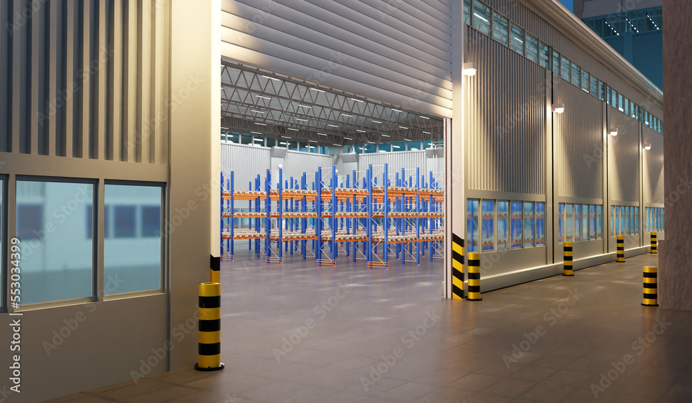 Distribution center building. Warehouse hangar with open gates. Empty
