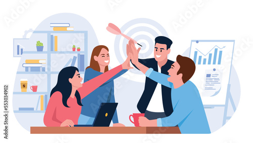 Vector illustration of team building. Cartoon scene with guys and girls who rallied to work together on white background.