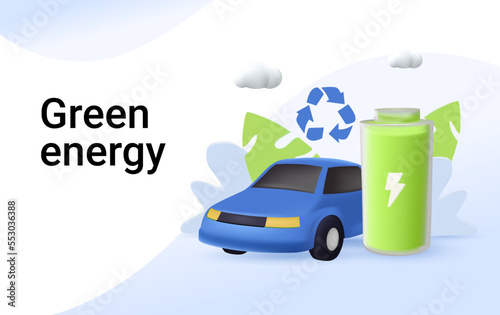 Green energy 3D render Background. Modern eco car with solar energy panels and smart battery technology.Website template, banner Electric car near charging station. Renewable energy