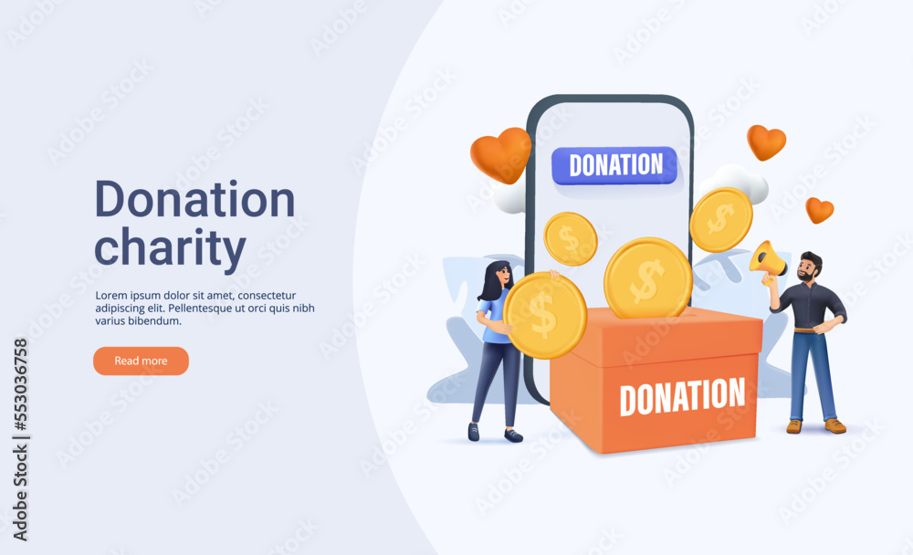 Donation charity website template 3D render vector illustration. Characters donating money, Volunteers putting coins in donation box donating credit card online. Financial support fundraising